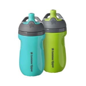 Tommee Tippee Insulated Sporty Bottle, 9oz, No Spill Toddler Water Bottle For 12 months +, Two-Piece Valve Helps Stop Spills, Pack of 2, Green and Teal