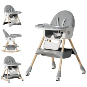 Baby High Chair, 5 in 1 High Chairs for Babies and Toddlers, Travel Foldable High Chair with Foot Rest, Detachable PU Cushion, Double Removable Tray, Adjustable Height (Wood Grain, Solid)