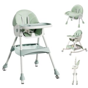 High Chairs for Babies and Toddlers, 4 in 1 Convertible Baby High Chair, Portable High Chair for Travel with Adjustable Height and Back, Foldable High Chair with Wheels& Pu Cushion (Green)