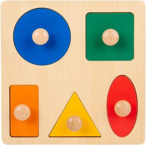 Montessori Toys for Babies 6-12 Months Wooden Shape Puzzles for Toddlers 1-3,Jumbo Knob Baby Puzzles for Easy Grasp,Color & Shape Sorter – Montessori Puzzle Preschool Learning Toys(5 Geometric Shape)