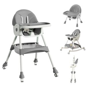 High Chairs for Babies and Toddlers, 4 in 1 Convertible Baby High Chair, Portable High Chair for Travel with Adjustable Height and Back, Foldable High Chair with Wheels& Pu Cushion (Grey)