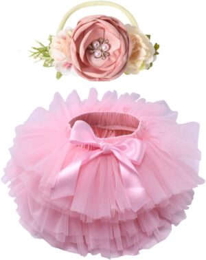 Tutu.kk Toddle Tutu Skirt for Baby Girl with Diaper Cover, Soft Baby Tutu Dress 0-6months with Flower Headband