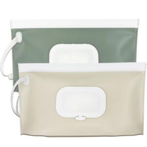 Wipe Dispenser,2-Pack Portable Refillable Wipe Container,Reusable Travel Baby Wipes Dispenser, Waterproof and Dustproof(Sage Green & Cream)