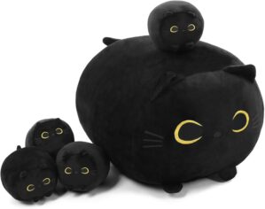 Black Cat Stuffed Animal Mommy Cat Plush Toys with 4 Squishy Baby in Her Tummy Soft Cute Hugging Pillows for Boys and Girls