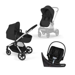 Cybex EOS 5-in-1 Travel System Stroller + Lightweight Aton G Swivel Infant Car Seat, Moon Black, Silver Frame