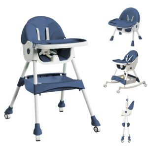 High Chairs for Babies and Toddlers, 4 in 1 Convertible Baby High Chair, Portable High Chair for Travel with Adjustable Height and Back, Foldable High Chair with Wheels& Pu Cushion (Navy Blue)