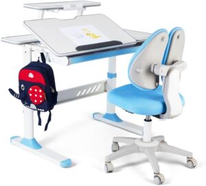 COSVALVE Premium Kids Study Desk and Chair Set,Adjustable Boys School Writing Study Table,Ergonomic Desk Chair with Large Writing Board Pull Out Drawer Bookstand Blue
