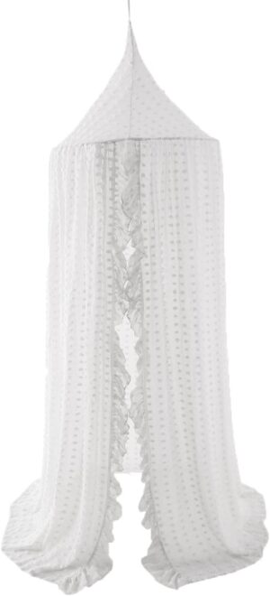Wonder Space Elegant Kids Bed Canopy – Lace Chiffon Netting with Pom Pom, Princess Girls Fairy Dream Tent, Nursery Room Baby Crib Hanging Curtain Mosquito Net Children Reading Nook Decoration (White)