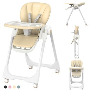 Baby High Chair with 4 Wheels for Babies & Toddlers,for 6 Months-6 Years,Up to 110 LBs/50kg,Removable Dishwasher Meal Tray,Adjustable Backrest Footrest Tray Positions Seat Heights(Beige)