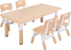 UNICOO Kids Study Table and Chairs Set, Height Adjustable Plastic Children Art Desk with 4 Seats, Kids Multi Activity Table Set (Maple Top + Nature Board)