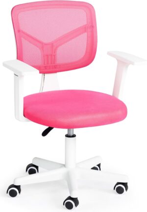 FurnitureR Desk Chair, Students Computer Task Chair Mid-Back, Cute Study Chair w/Lumbar Support Adjustable Swivel Chair Mesh with Rolling Wheels for Home Bedroom School, Pink