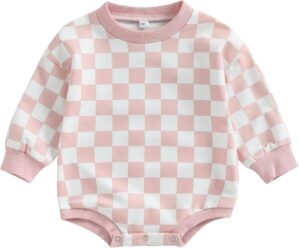 Karuedoo Baby Boy Girl Checkered Sweatshirt Romper Oversized Long Sleeve Bubble Romper Top Neutral Baby Fall Clothes