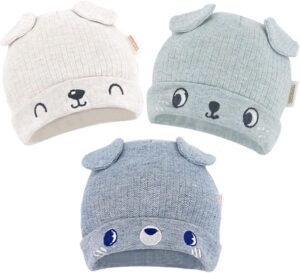 DOKMA Organic Cotton Toddler Hat Set 3 Cute Animal Ears Design, Beanies for Baby Boys and Girls 0-3 Months Light Gray & Blue