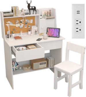 Childrens Computer Desk with Drawers and Storage Shelf, White Kids Desk and Chair Set for 5-12 Year Old, Kids Study Table with Charging Station-TY30
