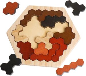 Skrtuan Wooden Hexagon Puzzle for Kid Adults, Colorful Shape Pattern Block Tangram Brain Teaser Toy Geometry Logic IQ Game STEM Montessori Educational Gift for All Ages Challenge Children