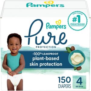 Pampers Baby Diapers – Pure Protection – Size 4, 150 Count, for up to 100% Leakproof, Premium Plant-based Skin Protection