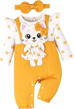 Baby Girl Clothes Newborn Romper Cute Cat Ruffled Long Sleeve Love Fall Winter Outfits with Bow Headband 0-18 Months