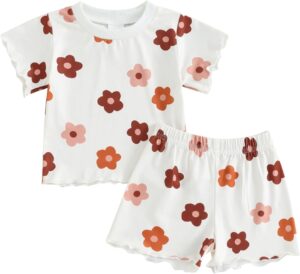 fhutpw Toddler Baby Girls Summer Outfits Daisy Ruffle Short Sleeve T-Shirts Tops Floral Shorts 2Pcs Clothes Set 6M-4T
