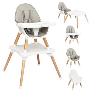 BABY JOY 5 in 1 High Chair, Convertible High Chairs for Babies and Toddlers/Booster Seat/Table and Chair Set, Infant Wooden Highchair w/ 5-Point Harness, 4-Position Removable Tray & PU Cushion (Gray)