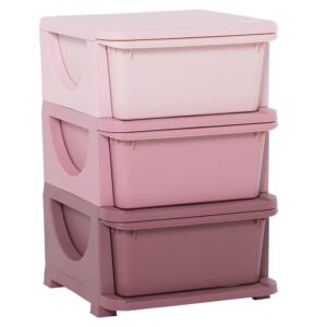 Qaba 3 Tier Kids Storage Unit, 3 Drawer Chest Toy Organizer Plastic Bins for Kids Bedroom Nursery Kindergarten Living Room for Boys Girls Toddlers, Pink