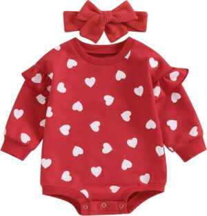 FIOMVA Valentines Baby Girl Outfit Newborn Bubble Romper Infant Sweatshirt Onesie Toddler Heart Print Clothes (Q Valentines Day Heart Red, 0-3 Months)