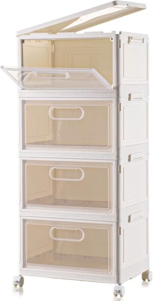 4 Tier Stackable Storage Bins, Storage Containers with Wheels Clear Plastic Storage Bins with 1 lid, Large Collapsible Storage Box,Closet Organizers and Storage for Bedroom,Living Room,Office,Dorm