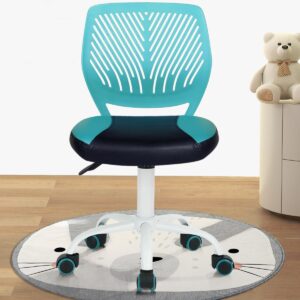 FurnitureR Desk Chair Small Study Chairs Armless for Child Kids Teens, Swivel Rolling Lightweight Task Chair with Wheels and Pu Leather Padded Cushion, Green/Black