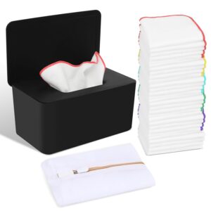 54 Packs Flannel Reusable Baby Wipes Cloth Wipes with Black Upgraded Wipes Dispenser, Soft & Natural Skin Friendly Cloth Wipes, Body Face Hand Washcloth Essential for Cloth Diapers