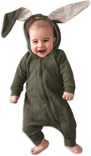 Simplee kids Animal Bunny Baby Easter Romper Long Ear Rabbit Hoodie Romper Jumpsuit with Zipper