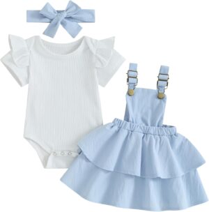 Mubineo Baby Girl Summer Clothes Cute Outfits Short Sleeve Romper Overall Skirt Dress Headband 3PCS Newborn Outfit