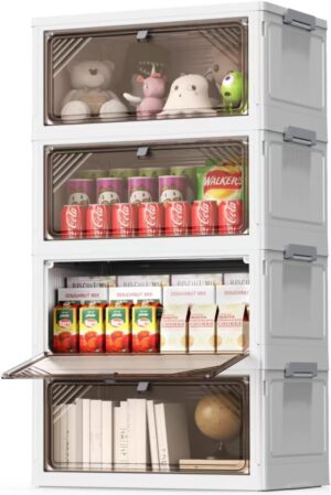 4 Tier Plastic Storage Bins with Drawers – Foldable Stackable Storage Bins with Lids – Closet Craft Organizers and Storage – 24QT Plastic Drawer Storage for Bedroom Study Toy Room Office