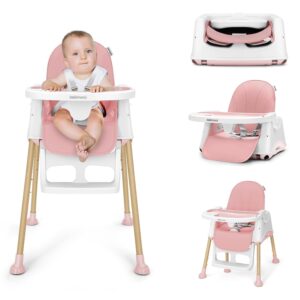 3 in 1 High Chairs for Babies and Toddlers, Convertible High Chair, High Chair with Foot Rest and Double Tray, Easy to Clean, Compact and Versatile, Perfect for Growing Kids, Pink