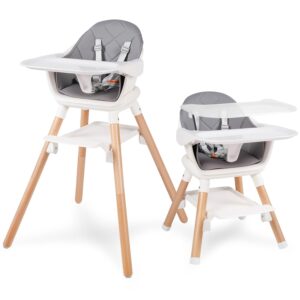 Baby High Chair, 6 in 1 Convertible Wooden High Chairs for Babies and Toddlers, Baby HighChair with Removable Double Tray & Adjustable Footrest