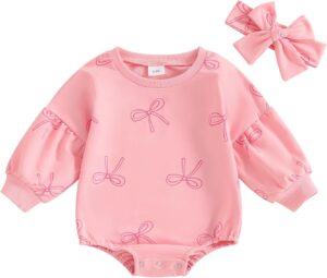 Kayotuas Infant Baby Girl Bow Romper Puff Long Sleeve Sweatshirt Oversized Bubble Sweater Bodysuit Cute Spring Fall Clothes