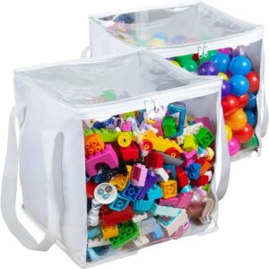 2pcs Extra Large Toy Storage Clear Bags with Zipper 𝟏𝟒”×𝟏𝟒”×𝟏𝟒” Clear Plastic Bins with Handle, Toy Organizer for Kids playroom, Blocks, Clothes, Stuffed Animal Storage