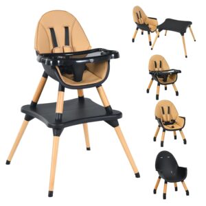 BABY JOY 5 in 1 High Chair, Convertible High Chairs for Babies and Toddlers/Booster Seat/Table and Chair Set, Infant Wooden Highchair w/ 5-Point Harness, 4-Position Removable Tray & PU Cushion, Coffee