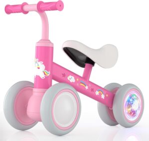 Lilian&Gema Colorful Lighting Baby Balance Bike for 1 Year Old Boys Girls, 12-24 Months Toddler Balance Bike, No Pedal 4 Wheels Toddler Bike with Soft Seat, Toddler First Bike, 1st Birthday Gifts