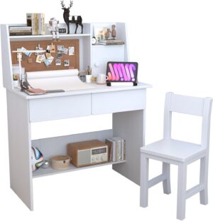 Childrens Drawing Desk with Wooden Tabletop Paper Roll Dispenser,White Kids Desk and Chair Set for 5-12 Year Old, Kids Study Table with Drawers and Storage Shelf-4p10