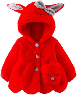 Infant Baby Girls Winter Coat Faux Fur Fleece Jacket Bunny Ear Hooded Coat with Bag Thick Button up Bubble Jacket