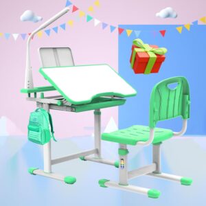 BELANITAS Kids Desk and Chair Set 5-8 Years with 40-Degree Tilted Desktop, Height Adjustable Children Desk and Chair Set for Boys and Girls with 40-Degree Tilted Desktop, Green