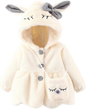 Infant Baby Girls Winter Coat Faux Fur Fleece Jacket Bunny Ear Hooded Coat with Bag Thick Button up Bubble Jacket