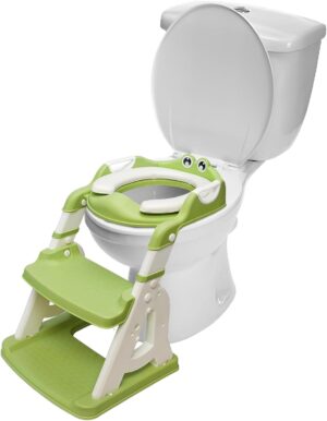 2-in-1 Potty Training Seat: Toddler Potty Training Toilet, Toddler Step Stool for Boys Girls! Potty Training Seat with Splash Guard, Anti Slip Pad & 5 Levels Height Adjustments! (Green)