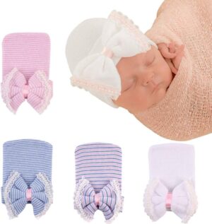 Newborn Hospital Hat Infant Baby Hat Caps with Bow Soft Cute Nursery Beanie Hat