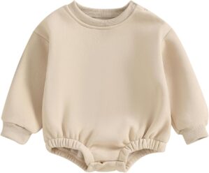 Baby Boy Girl Fleece Sweatshirt Romper Solid Color Long Sleeve Sweater Bubble Onesie Warm Fall Winter Clothes