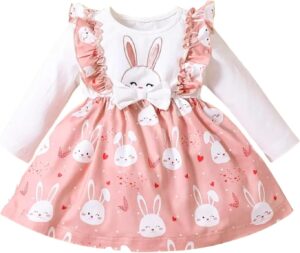 Pink Bunny Dress for Baby Girl – Newborn Ruffle Skirt Bow Long Sleeve Outfits Spring Birthday Easter Rabbit Clothes