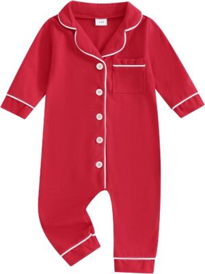 Baby Girl Boy Pajamas Romper Button-Up One-Piece Pajamas Onesie Footie Red Christmas Pjs Newborn Hospital Clothes