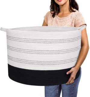 XXXLarge Cotton Rope Basket 22″ X 22″X 14″ Blanket Basket for Living Room Woven Basket Soft Baby Laundry Blanket Basket Nursery Bin Toy Basket with Handle White+Black