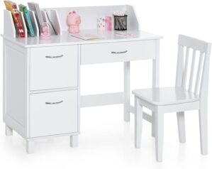 Costzon Kids Desk and Chair Set, Children Wooden School Learning Table w/Drawer & Storage Cabinets, Student Writing Computer Workstation for Bedroom & Study Room, Gift for Ages 3-8 (White)