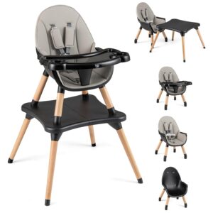 BABY JOY 5 in 1 High Chair, Convertible High Chairs for Babies and Toddlers/Booster Seat/Table and Chair Set, Infant Wooden Highchair w/ 5-Point Harness, 4-Position Removable Tray & PU Cushion (Black)