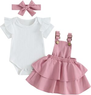 Mubineo Baby Girl Summer Clothes Cute Outfits Short Sleeve Romper Overall Skirt Dress Headband 3PCS Newborn Outfit